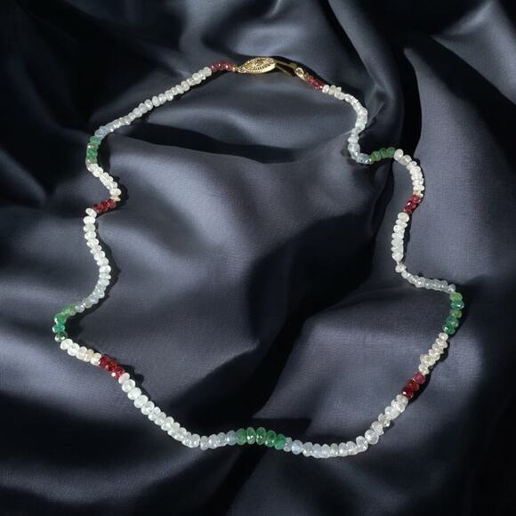 Vintage 14k Gold Emerald Sapphire Crystal Beaded Necklace